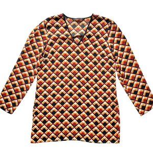 ZARA Tunic Blouse Geometric Print Bold Black White Red Orange Mustard V Neck M